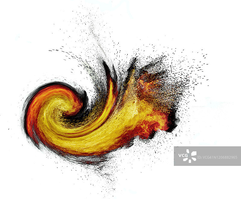 爆炸和漩涡的烟雾和火焰云在一个白色的背景。图片素材