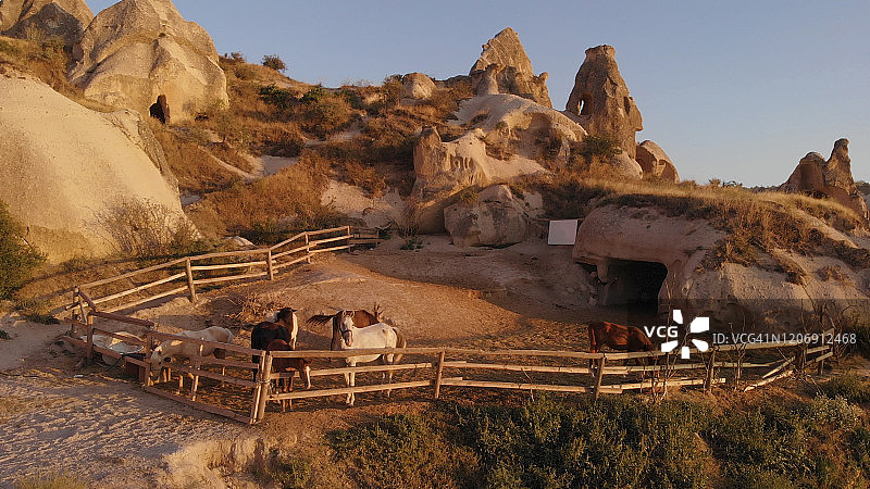 马在精灵烟囱的畜栏中吃草图片素材