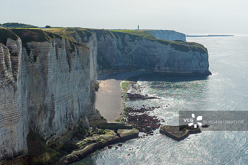 诺曼底埃特勒塔海滩和石灰岩悬崖鸟瞰图图片素材