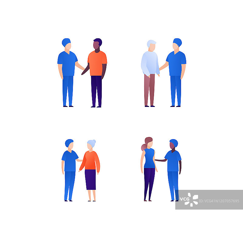 医生和病人互相扶持的理念矢量图：包含成人和老年人，以及外科医生等图片素材