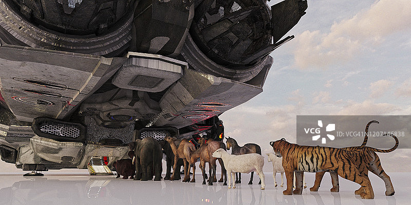 载着成双动物的宇宙飞船方舟图片素材