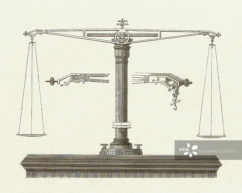 1877年出版的木刻版画：历史实验室天平图片素材