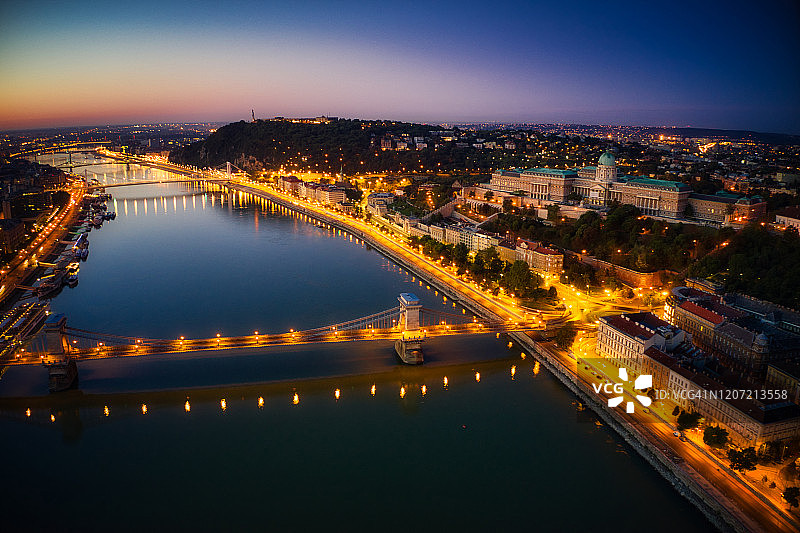 匈牙利布达佩斯城市风光：布达城堡与塞切尼链桥航拍全景图片素材