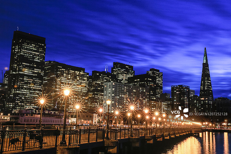 旧金山市中心日落景色：泛美金字塔与海滨建筑图片素材