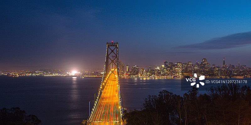 加利福尼亚州耶尔巴布埃纳岛旧金山海湾大桥的城市天际线光轨全景图片素材