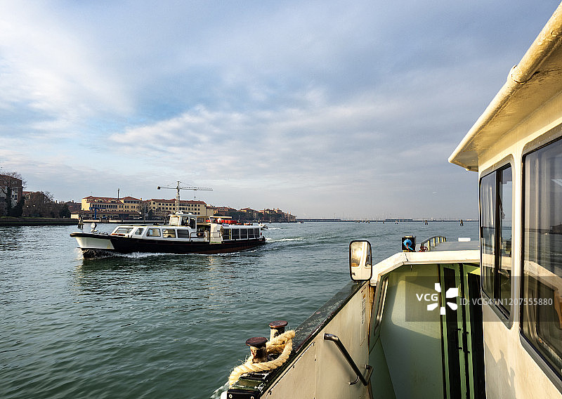 从水上巴士内部欣赏威尼斯运河城市风光图片素材