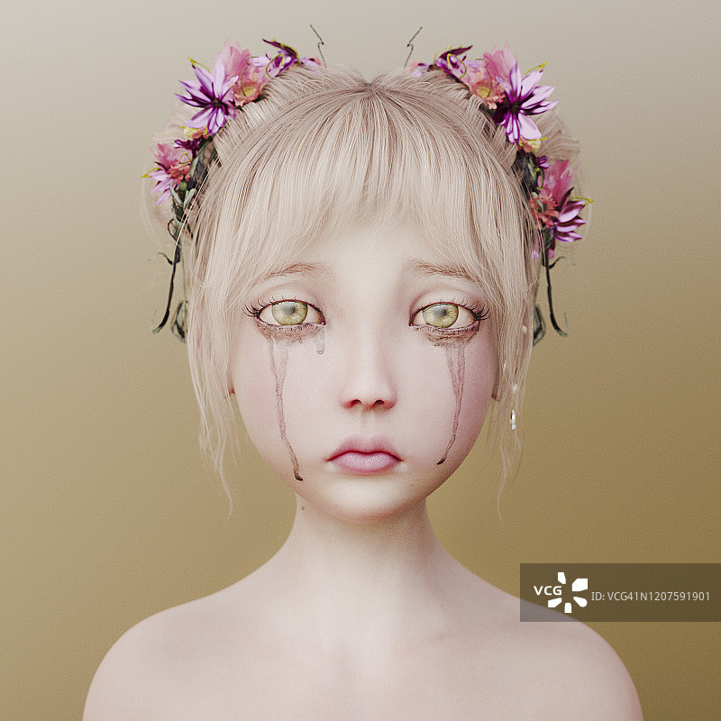 头发上戴着鲜花的可爱漫画风格人物图片素材