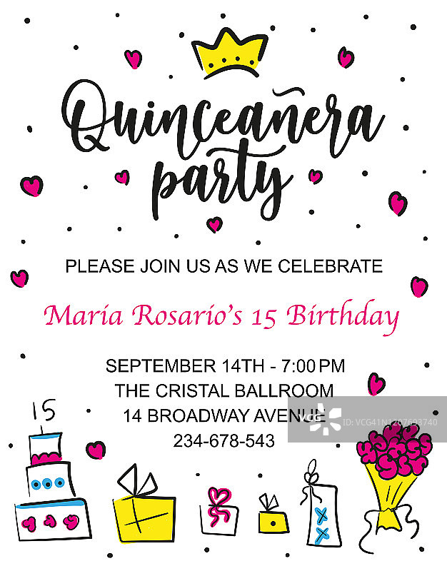拉丁美洲女孩的生日庆祝宣传单：十五岁成人礼书法矢量素材图片素材
