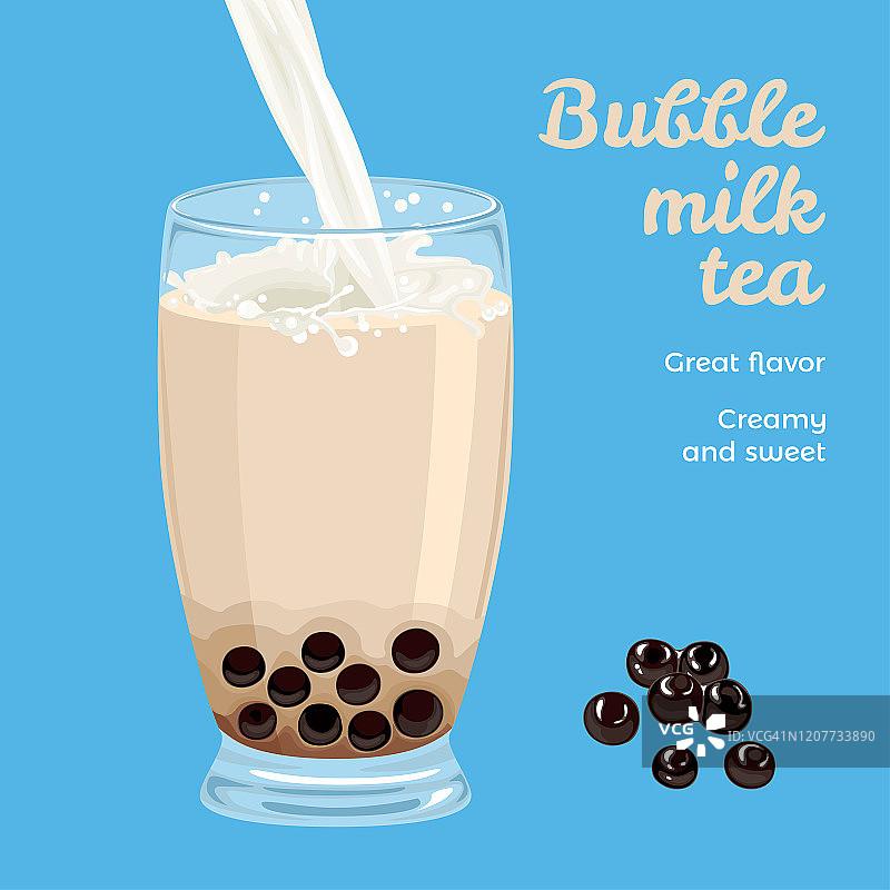 蓝色背景下的玻璃杯装珍珠奶茶。黑糖木薯珍珠奶茶。卡通简约扁平风格的甜饮料矢量图。牛奶倒入玻璃杯中图片素材