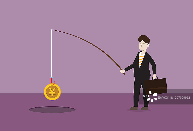 商人用日元硬币在洞上钓鱼图片素材