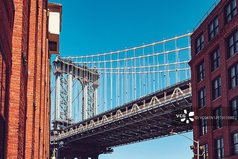 Dumbo街区蓝天下的曼哈顿大桥图片素材