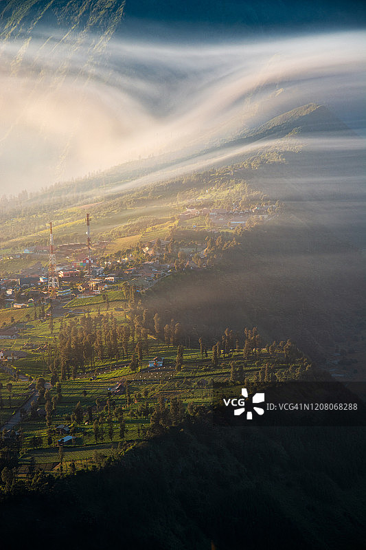 印度尼西亚布罗莫火山的塞莫罗拉旺村垂直景观图片素材