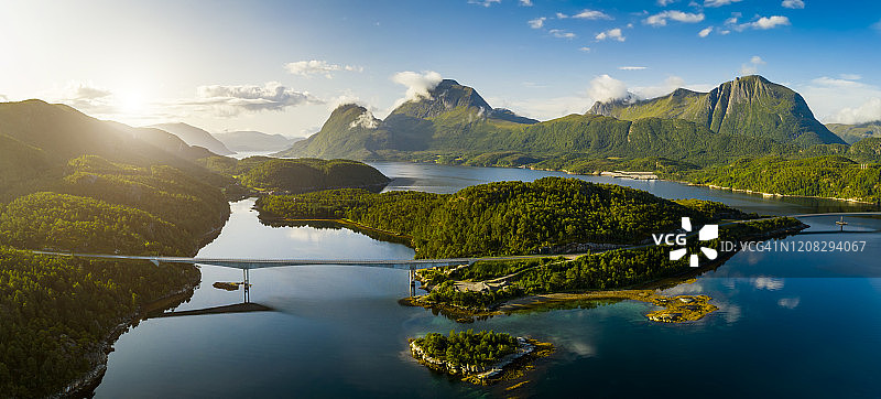 日落时分美丽的挪威峡湾航拍景色图片素材