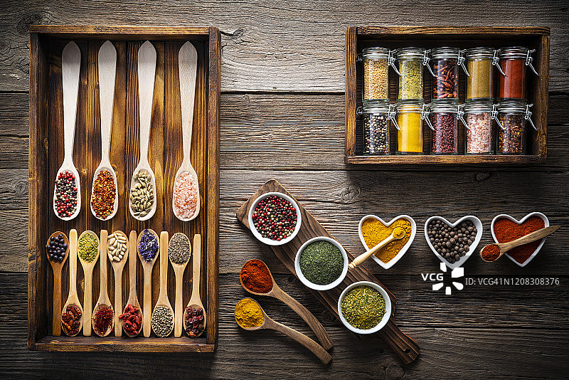 木勺和木托盘上的香料图片素材