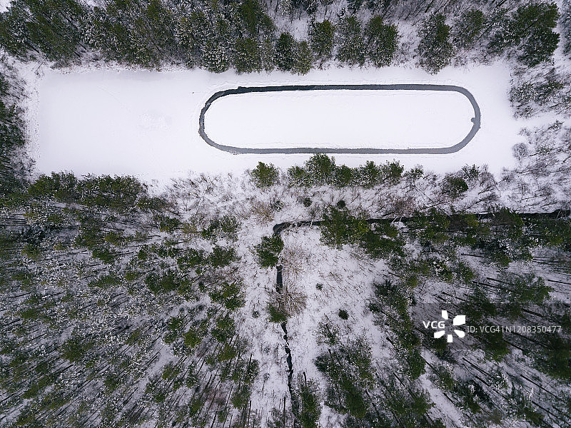 俄罗斯列宁格勒州：冰冻池塘与冰面滑冰带航拍图片素材