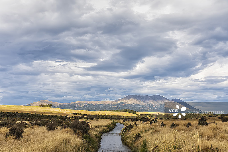 新西兰大洋洲南岛南地在多云天气下蒂阿瑙小溪和草地图片素材