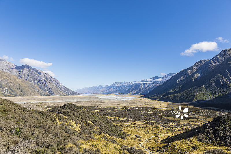 新西兰南岛坎特伯雷本奥豪，库克山国家公园塔斯曼谷图片素材