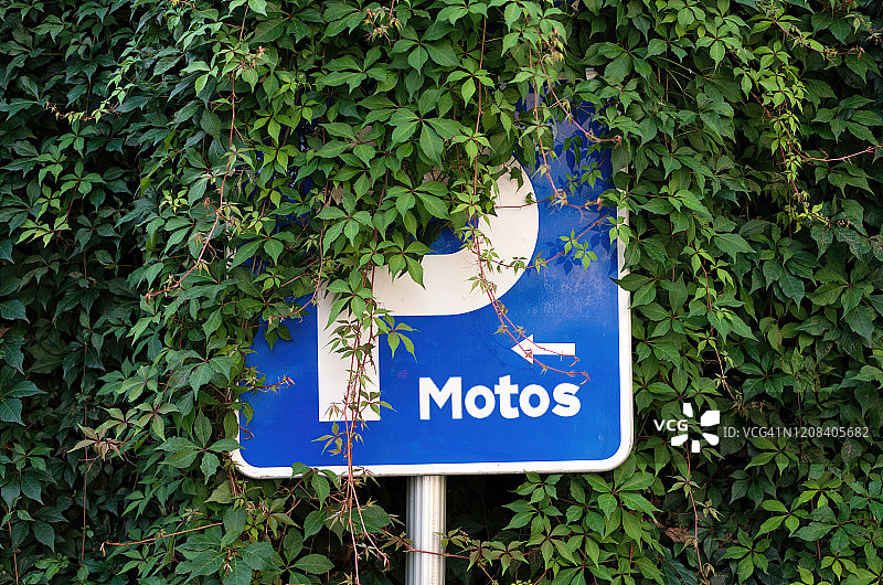 爬山虎藤蔓覆盖着摩托车停车标志图片素材