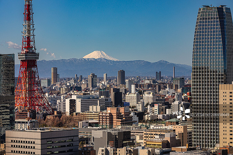 东京城市景观：富士山与东京塔图片素材