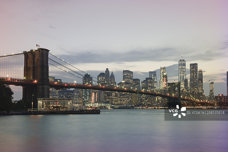 纽约市天际线与从Dumbo看到的布鲁克林大桥图片素材