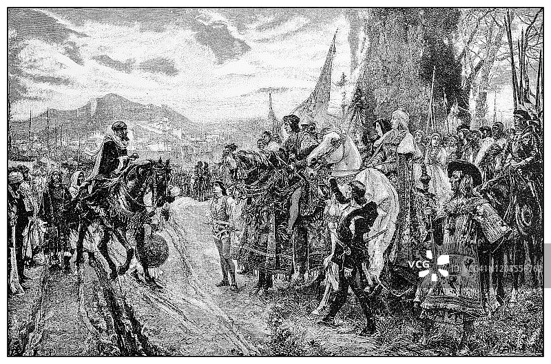 历史名人古董插画：费迪南德和卡斯蒂利亚的伊莎贝拉，格拉纳达的投降图片素材