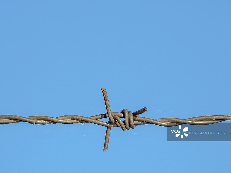 蓝天背景下的带刺铁丝网抽象摄影图片素材