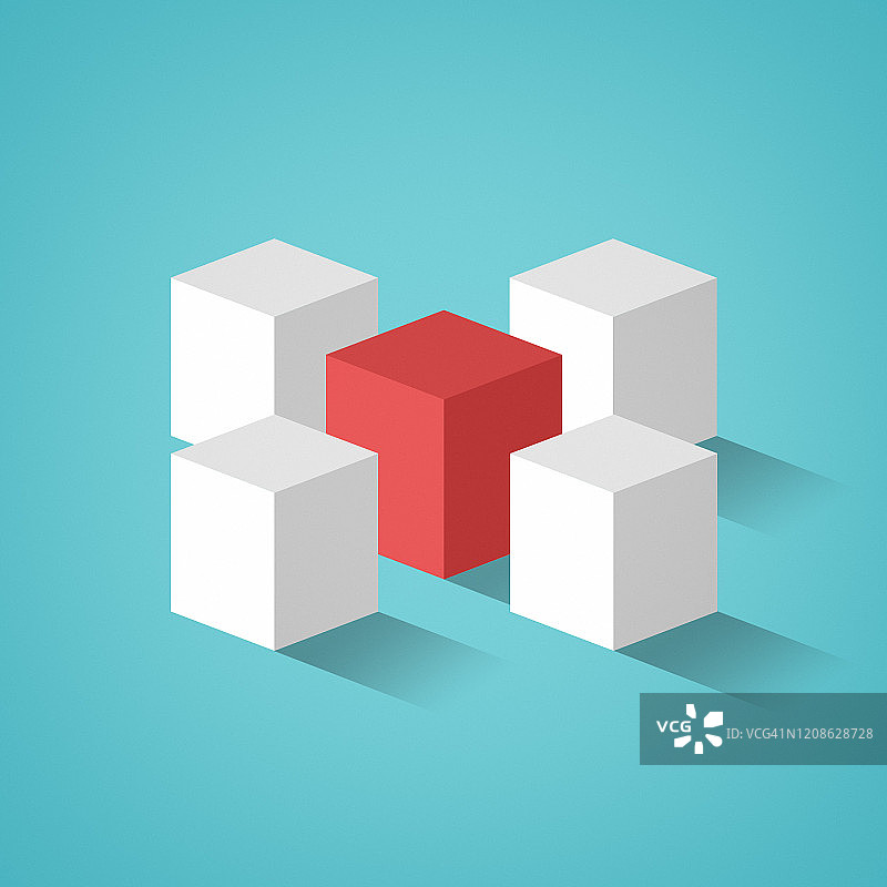 青绿色背景上，一个红色立方体位于四个较小的白色立方体中间，带有阴影图片素材