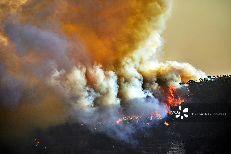澳大利亚蓝山山脊的森林火灾，黄昏时分的火焰和阳光照亮烟云图片素材