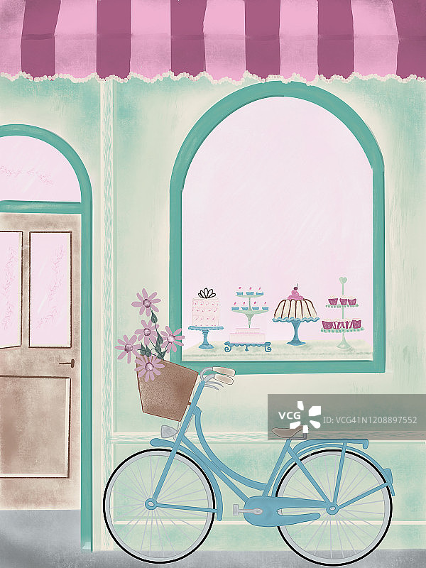 自行车与花店橱窗插画图片素材