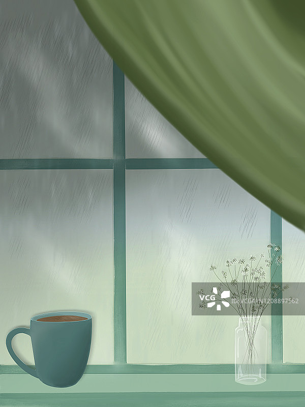 冬季窗台场景插画：热饮与花瓶图片素材