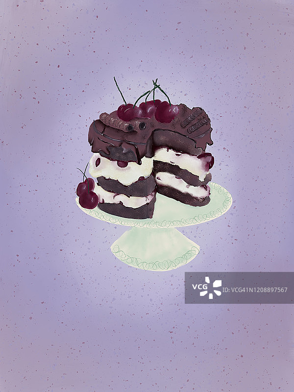 蛋糕架上放着樱桃的黑森林蛋糕插画图片素材