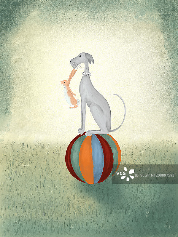 马戏团小狗口衔玩具兔平衡球插画图片素材