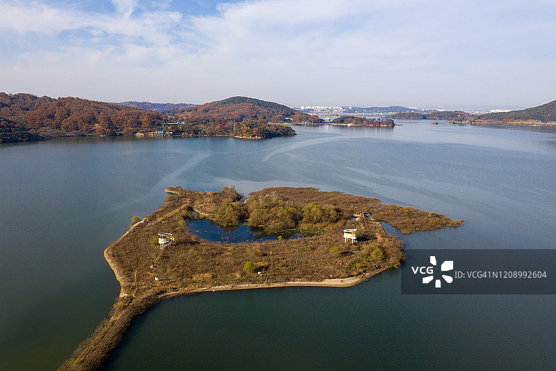 韩国论山Topjeong湖鸟瞰图片素材