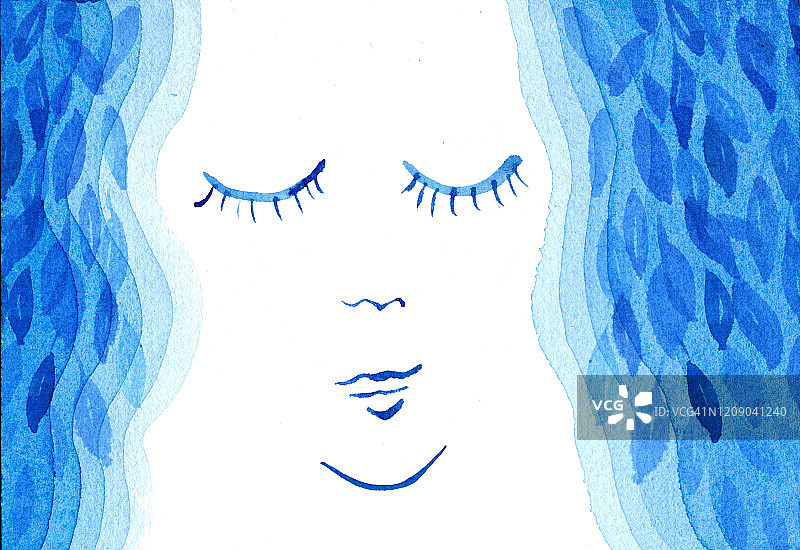 蓝色头发的女性肖像水彩插画图片素材