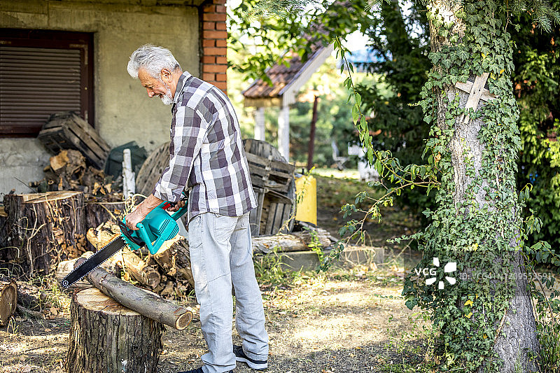 年长的男人用油锯锯树图片素材