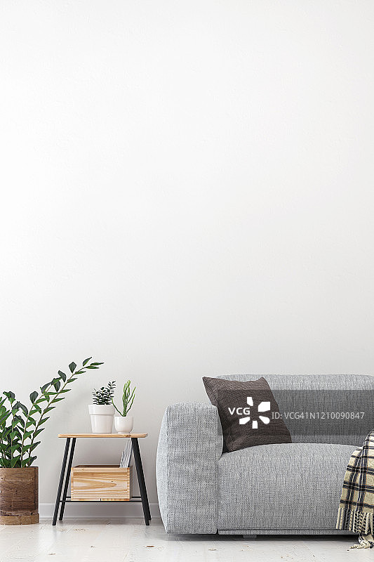 带灰色沙发、桌子和装饰的空客厅图片素材