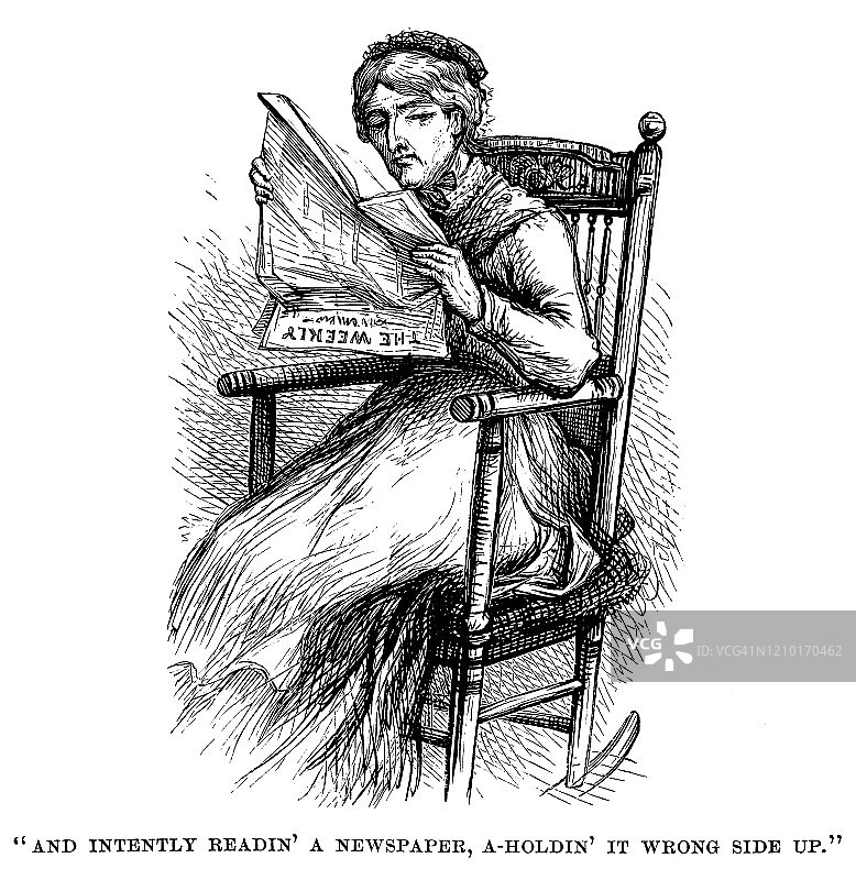 拿着倒置报纸的19世纪愁容妇女图片素材