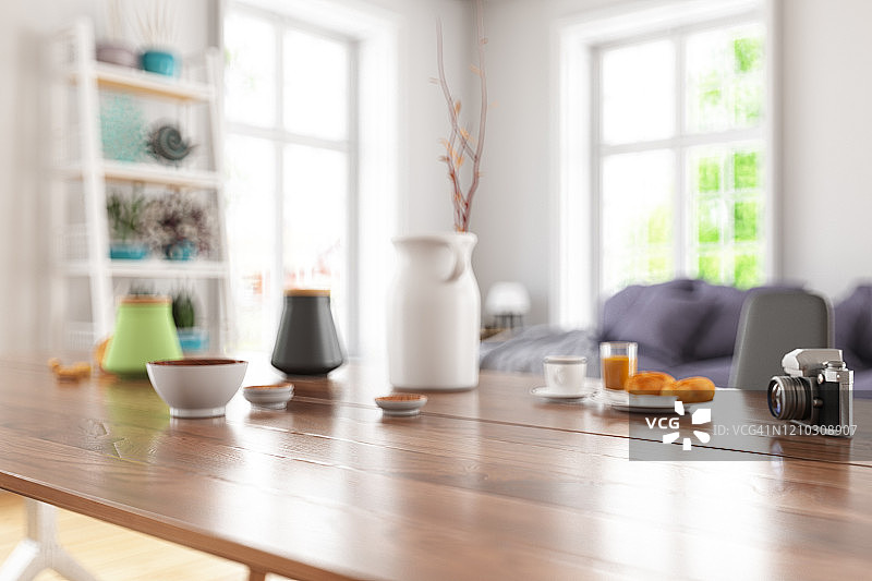 木桌面与现代客厅内部模糊背景图片素材