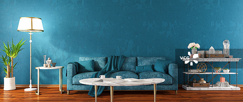 蓝色现代客厅全景图片素材