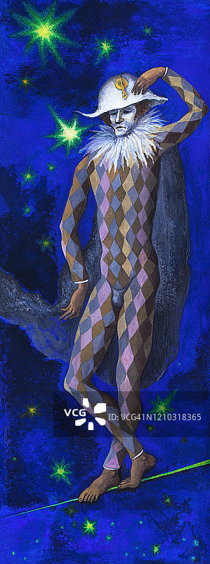 油画艺术作品：化着妆的灰发浪漫男子摘帽，夜空星光下的丑角装扮图片素材