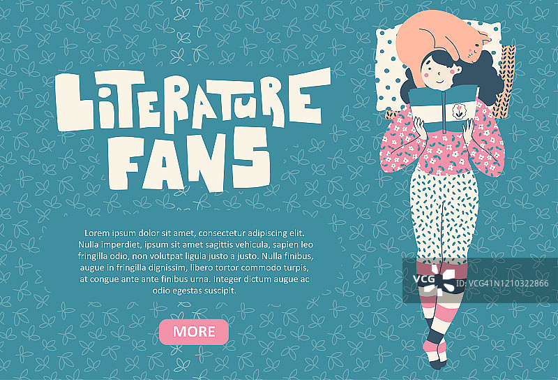 抱着猫，躺着看书的女孩。文学爱好者概念矢量落地页模板图片素材