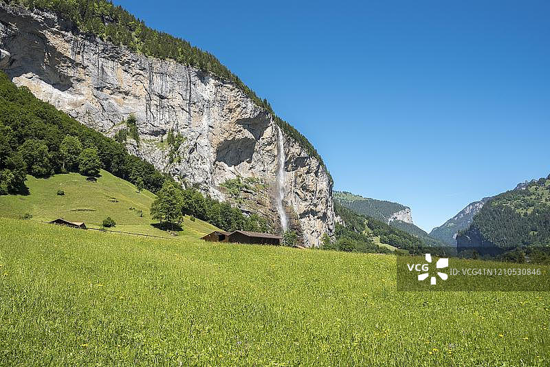瑞士伯尔尼高地劳特布龙嫩山谷和施陶河瀑布山景图片素材