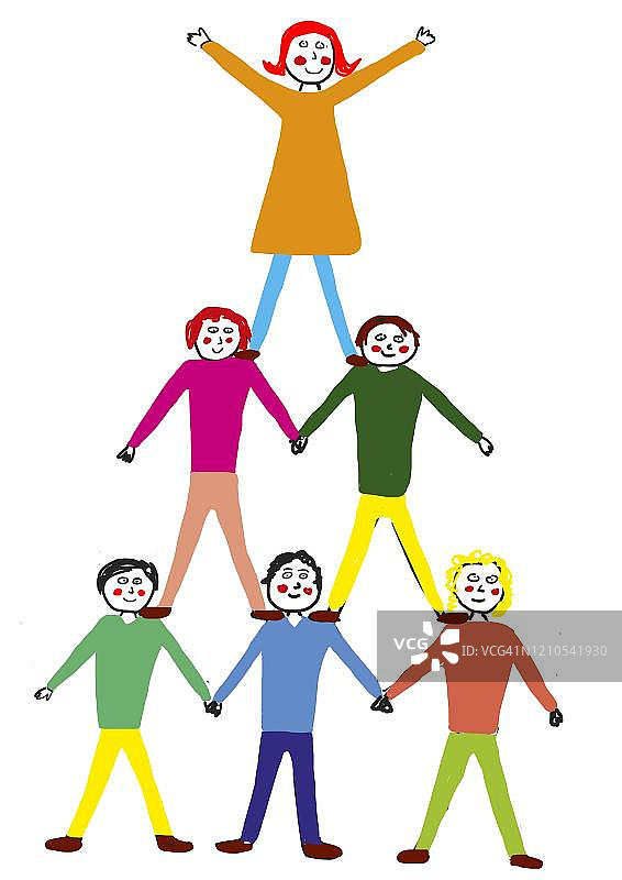 儿童画风格的体操场景：孩子们在德国搭人塔图片素材