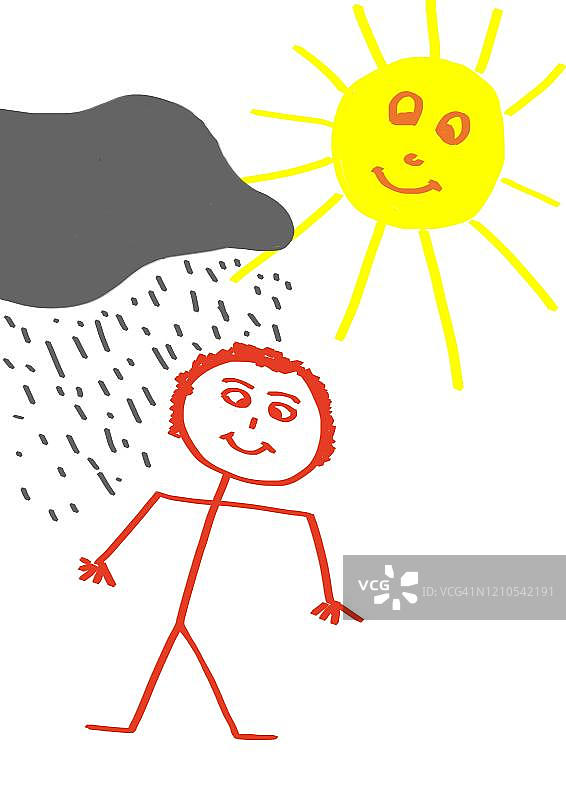 德国儿童画风格的火柴人与雨云和阳光插画图片素材