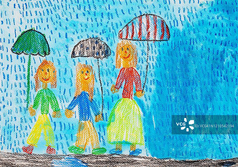 儿童画风格雨中撑伞儿童插画（德国）图片素材