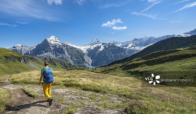 徒步旅行者，雪覆盖的菲舍峰图片素材