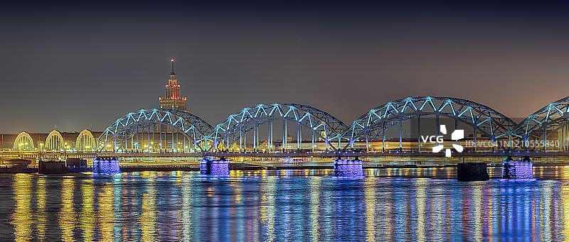 拉脱维亚里加道加瓦河夜景铁路桥图片素材