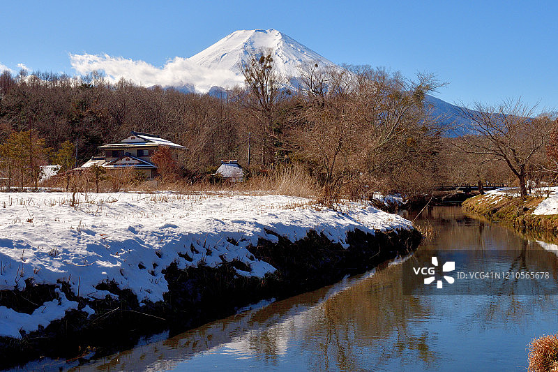 冬季的富士山：从山梨县忍野村眺望图片素材