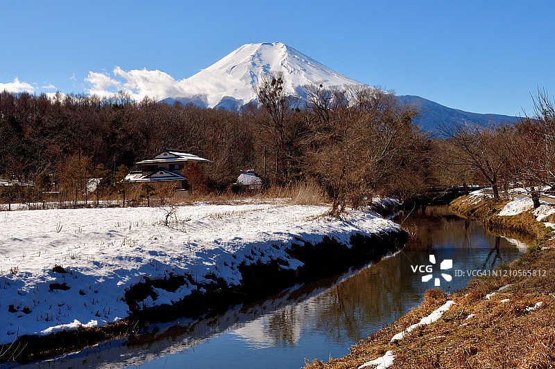 冬季的富士山：从山梨县忍野村眺望图片素材