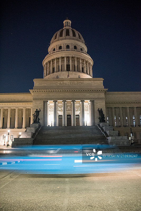 经典美国汽车驶过哈瓦那国会大厦图片素材